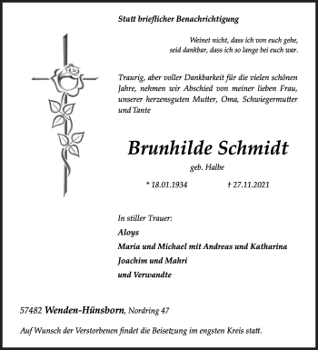 Traueranzeige von Brunhilde Schmidt von Siegener Zeitung