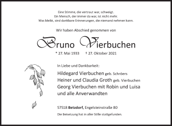 Traueranzeige von Bruno Vierbuchen von Siegener Zeitung