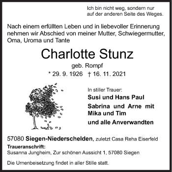 Traueranzeige von Charlotte Stunz von Siegener Zeitung