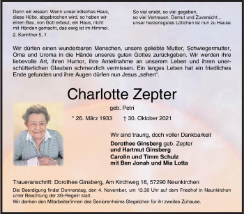 Traueranzeige von Charlotte Zepter von Siegener Zeitung