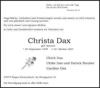 Traueranzeige von Christa Dax von Siegener Zeitung