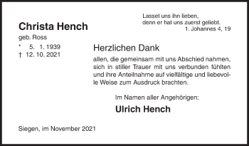 Traueranzeige von Christa Hench von Siegener Zeitung