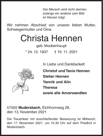 Traueranzeige von Christa Hennen von Siegener Zeitung
