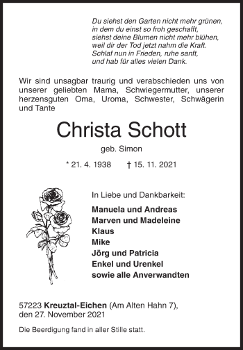 Traueranzeige von Christa Schott von Siegener Zeitung