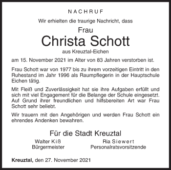 Traueranzeige von Christa Schott von Siegener Zeitung