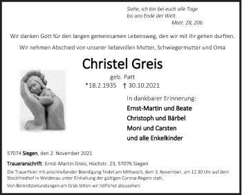 Traueranzeige von Christel Greis von Siegener Zeitung