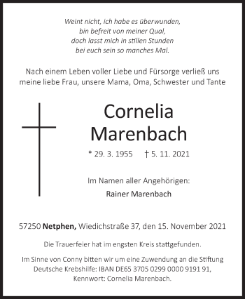 Traueranzeige von Cornelia Marenbach von Siegener Zeitung