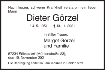 Traueranzeige von Dieter Görzel von Siegener Zeitung