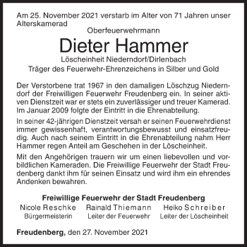 Traueranzeige von Dieter Hammer von Siegener Zeitung