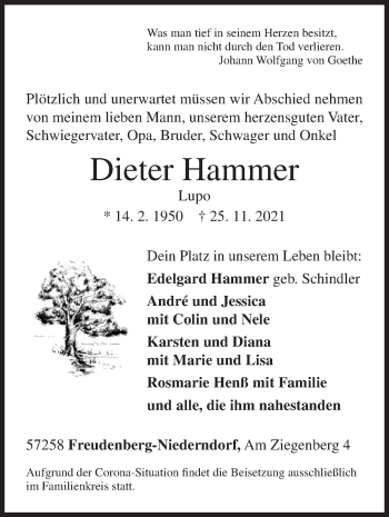 Traueranzeige von Dieter Hammer von Siegener Zeitung