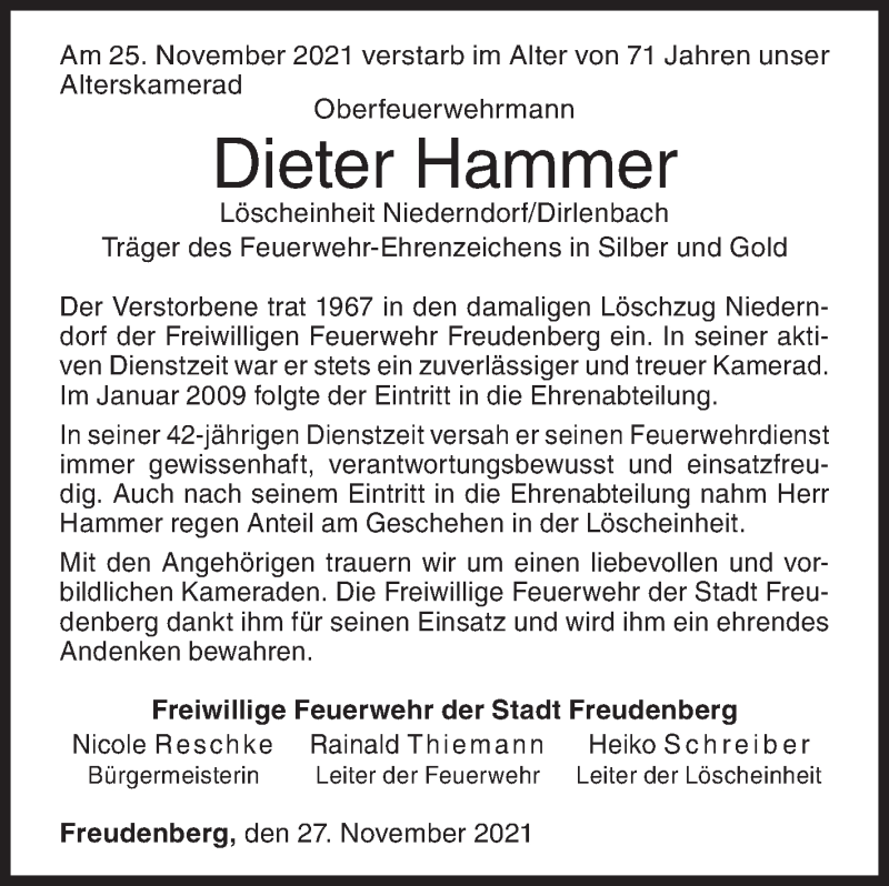  Traueranzeige für Dieter Hammer vom 27.11.2021 aus Siegener Zeitung