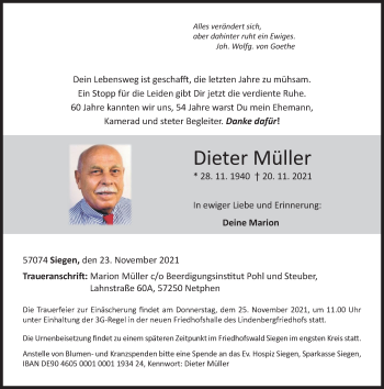 Traueranzeige von Dieter Müller von Siegener Zeitung
