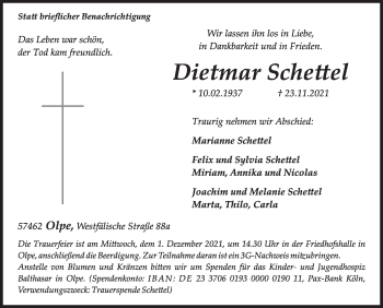 Traueranzeige von Dietmar Schettel von Siegener Zeitung