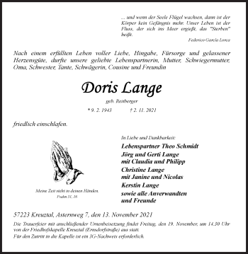 Traueranzeige von Doris Lange von Siegener Zeitung