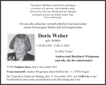 Traueranzeige von Doris Weber von Siegener Zeitung