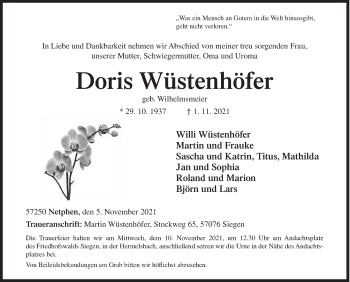Traueranzeige von Doris Wüstenhöfer von Siegener Zeitung