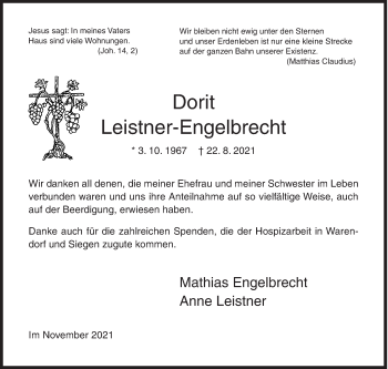 Traueranzeige von Dorit Leistner-Engelbrecht von Siegener Zeitung