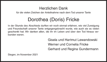 Traueranzeige von Dorothea  Fricke von Siegener Zeitung