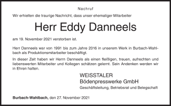 Traueranzeige von Eddy Danneels von Siegener Zeitung