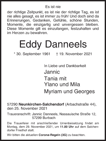 Traueranzeige von Eddy Danneels von Siegener Zeitung