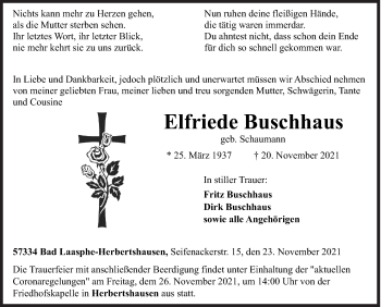Traueranzeige von Elfriede Buschhaus von Siegener Zeitung