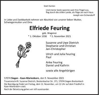 Traueranzeige von Elfriede Feuring von Siegener Zeitung