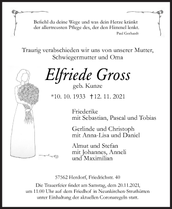 Traueranzeige von Elfriede Gross von Siegener Zeitung