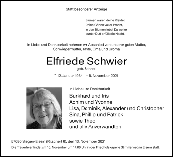 Traueranzeige von Elfriede Schwier von Siegener Zeitung