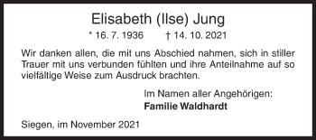 Traueranzeige von Elisabeth Jung von Siegener Zeitung