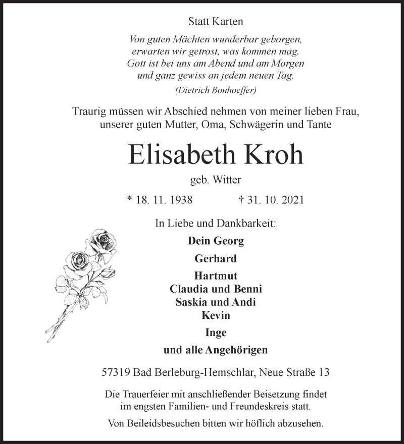  Traueranzeige für Elisabeth Kroh vom 03.11.2021 aus Siegener Zeitung