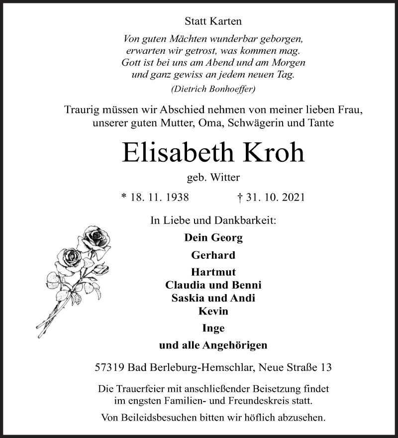  Traueranzeige für Elisabeth Kroh vom 05.11.2021 aus Siegener Zeitung