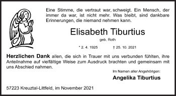 Traueranzeige von Elisabeth Tiburtius von Siegener Zeitung