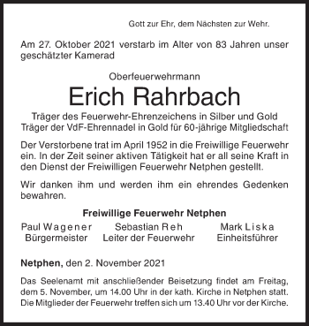 Traueranzeige von Erich Rahrbach von Siegener Zeitung