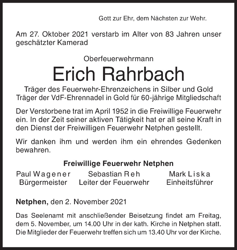  Traueranzeige für Erich Rahrbach vom 02.11.2021 aus Siegener Zeitung