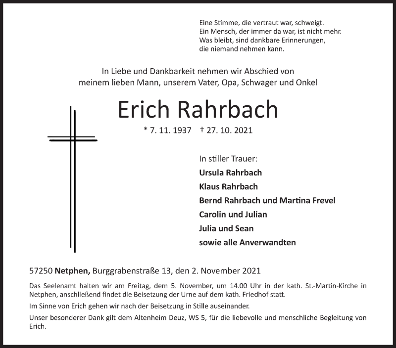  Traueranzeige für Erich Rahrbach vom 02.11.2021 aus Siegener Zeitung