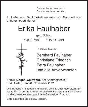 Traueranzeige von Erika Faulhaber von Siegener Zeitung