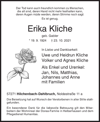 Traueranzeige von Erika Kliche von Siegener Zeitung