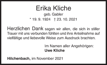 Traueranzeige von Erika Kliche von Siegener Zeitung