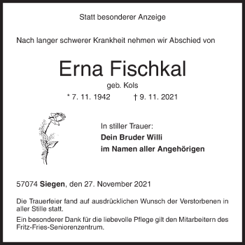 Traueranzeige von Erna Fischkal von Siegener Zeitung