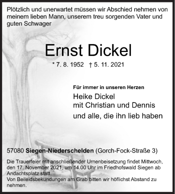 Traueranzeige von Ernst Dickel von Siegener Zeitung