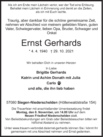 Traueranzeige von Ernst Gerhards von Siegener Zeitung