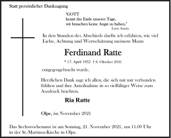 Traueranzeige von Ferdinand Ratte von Siegener Zeitung