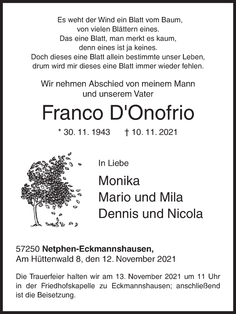  Traueranzeige für Franco DOnofrio vom 12.11.2021 aus Siegener Zeitung