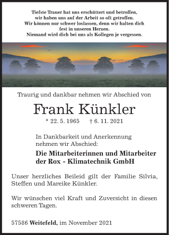Traueranzeige von Frank Künkler von Siegener Zeitung