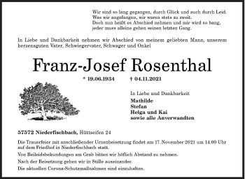 Traueranzeige von Franz-Josef Rosenthal von Siegener Zeitung