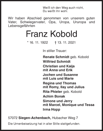 Traueranzeige von Franz Kobold von Siegener Zeitung