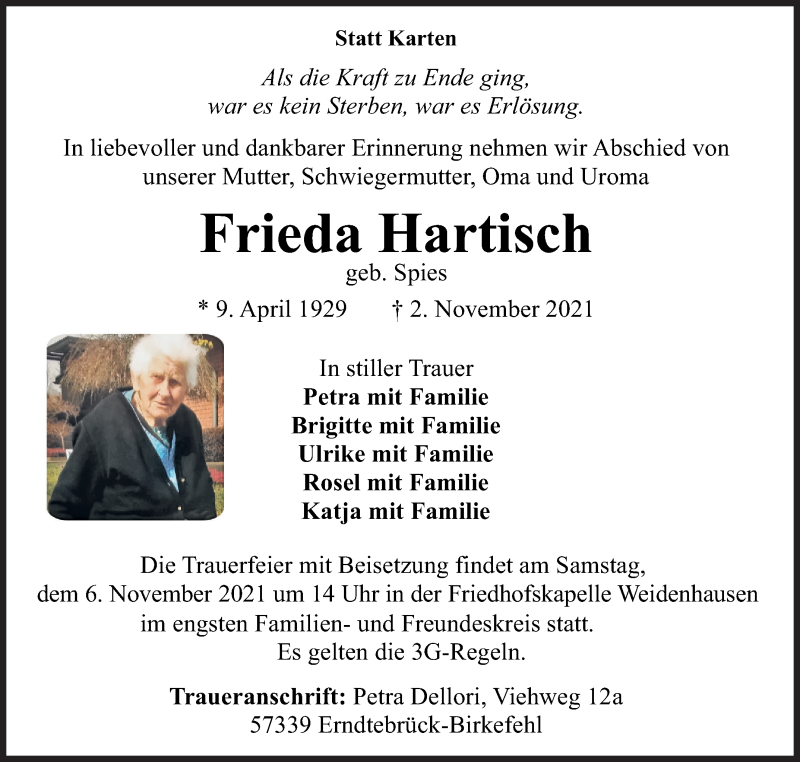  Traueranzeige für Frieda Hartisch vom 05.11.2021 aus Siegener Zeitung