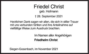 Traueranzeige von Friedel Christ von Siegener Zeitung