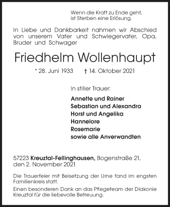 Traueranzeige von Friedhelm Wollenhaupt von Siegener Zeitung