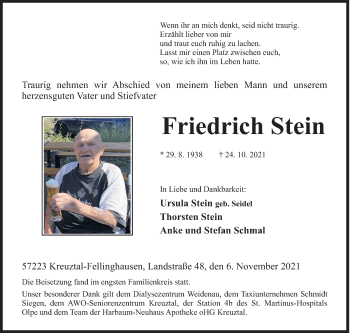 Traueranzeige von Friedrich Stein von Siegener Zeitung